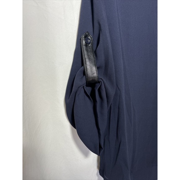 41 Hawthorn Womens Top Small Navy Blue Faux Leather Trim Roll Tab Sleeve EUC F10 - Picture 4 of 5